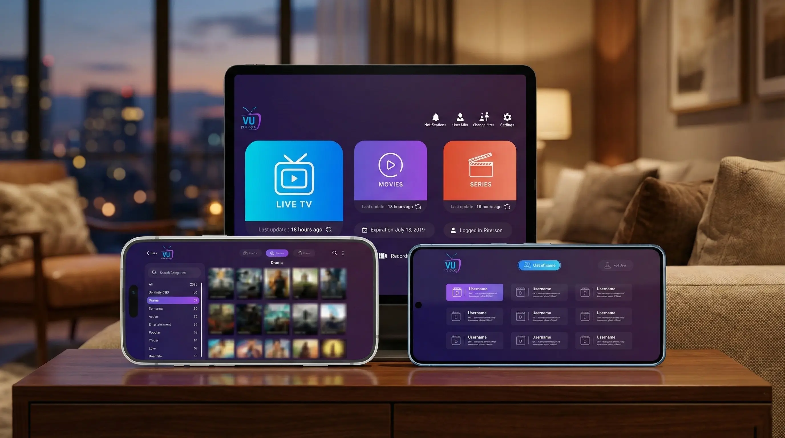 Vu IPTV Player homepage interface with live TV and VOD layout